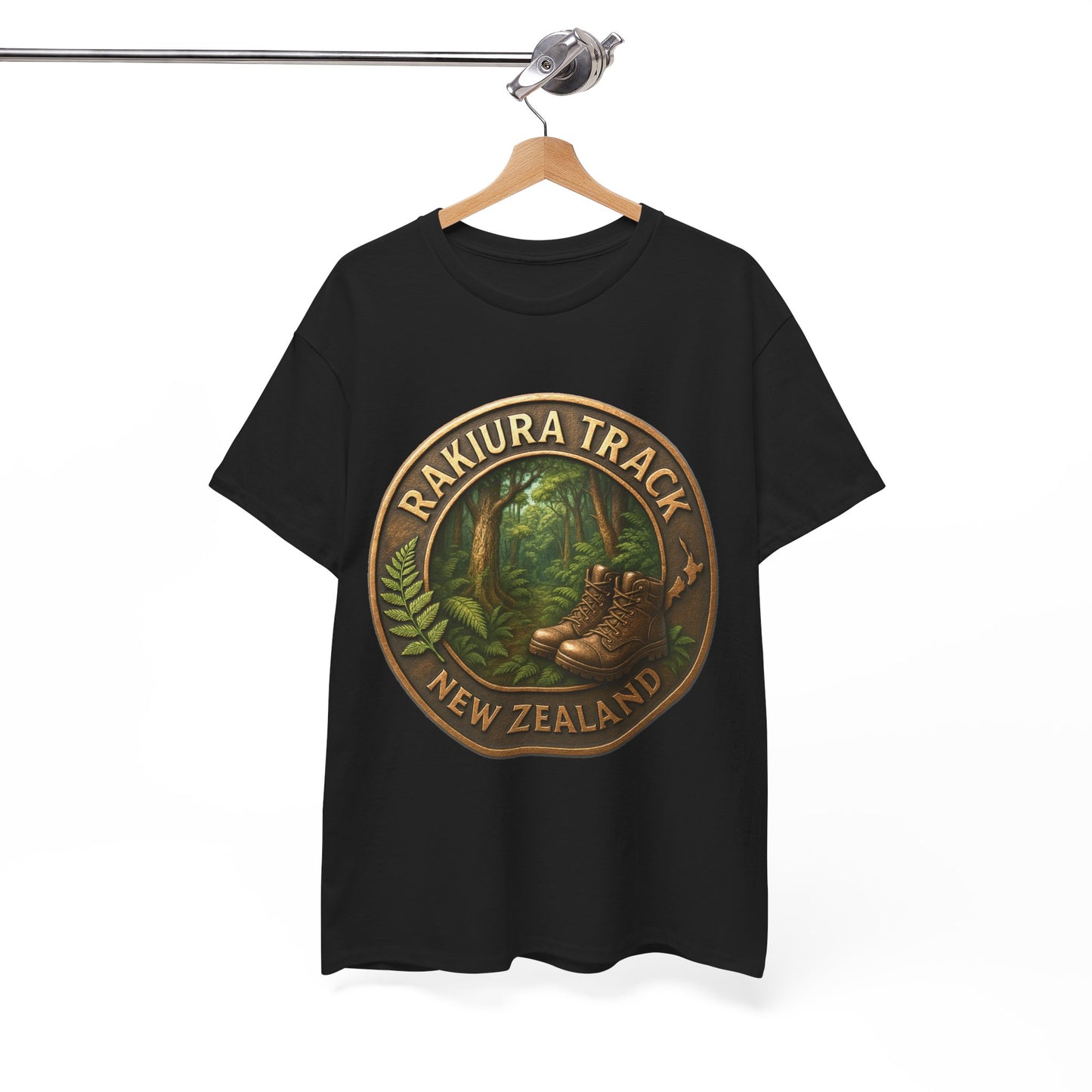 Black t-shirt with 'Rakiura Track New Zealand' design on a hanger against a white background