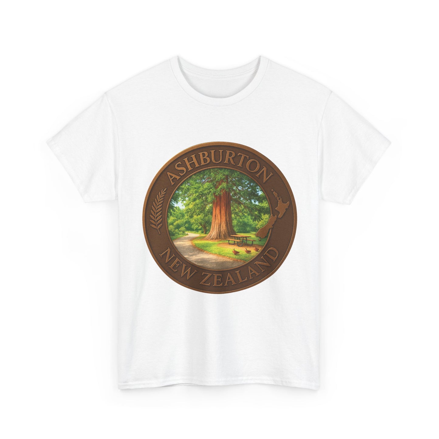 White t-shirt with Ashburton New Zealand graphic on a white background