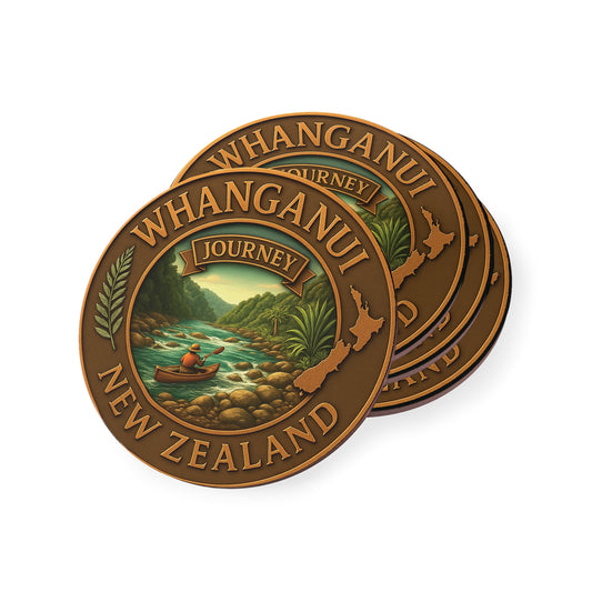 Two round metal badges with 'Whanganui Journey' and 'New Zealand' text on a white background.
