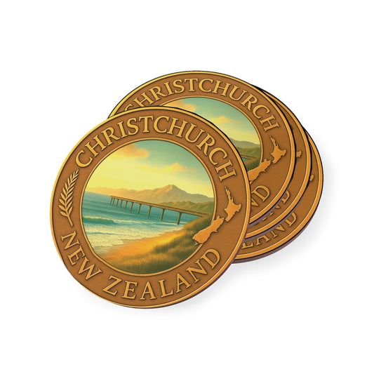 Two Christchurch, New Zealand-themed coasters with scenic design on a white background
