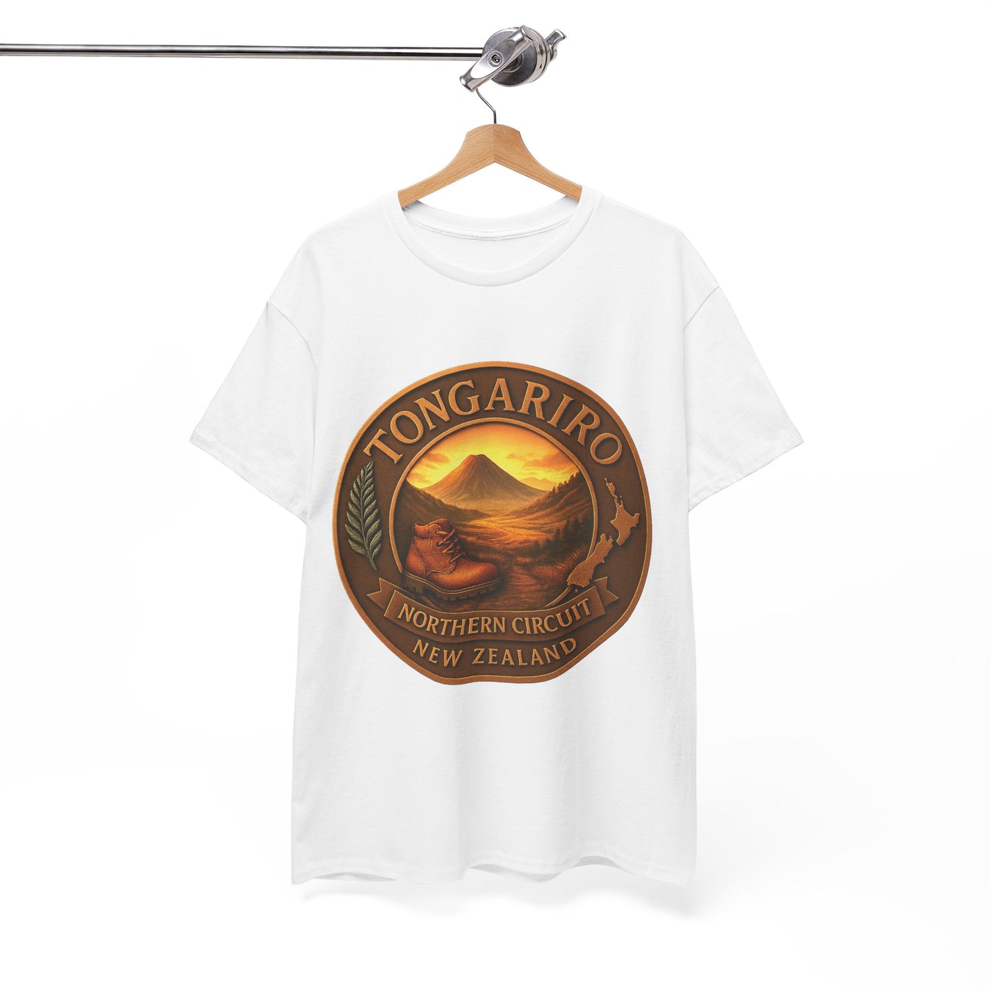 White t-shirt with Tongariro Northern Circuit New Zealand graphic on a hanger against a white background