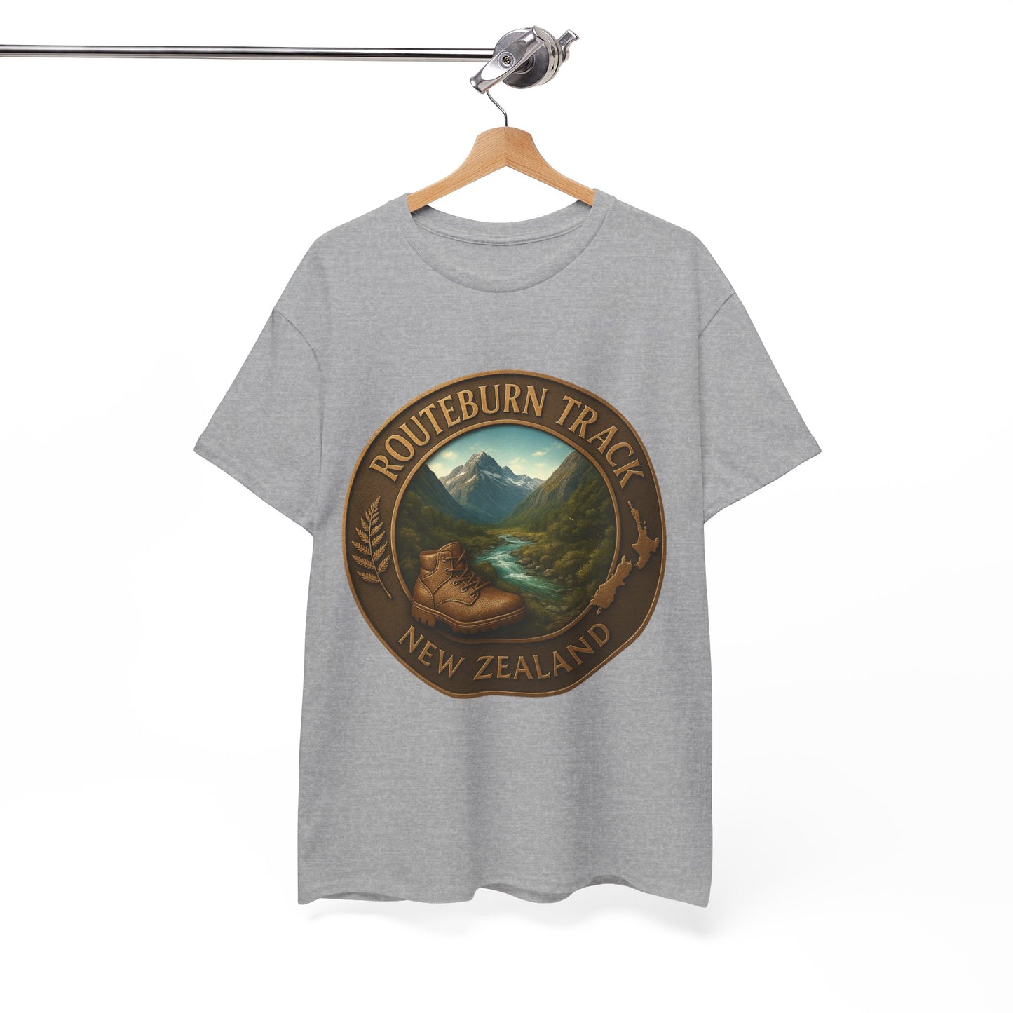 Gray t-shirt with 'Routeburn Track, New Zealand' design on a hanger against a white background