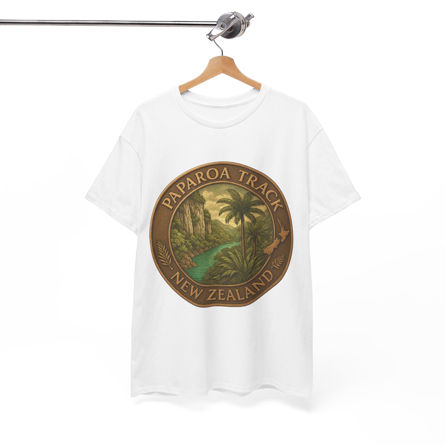 White t-shirt with Paparoa Track New Zealand design on a hanger against a white background
