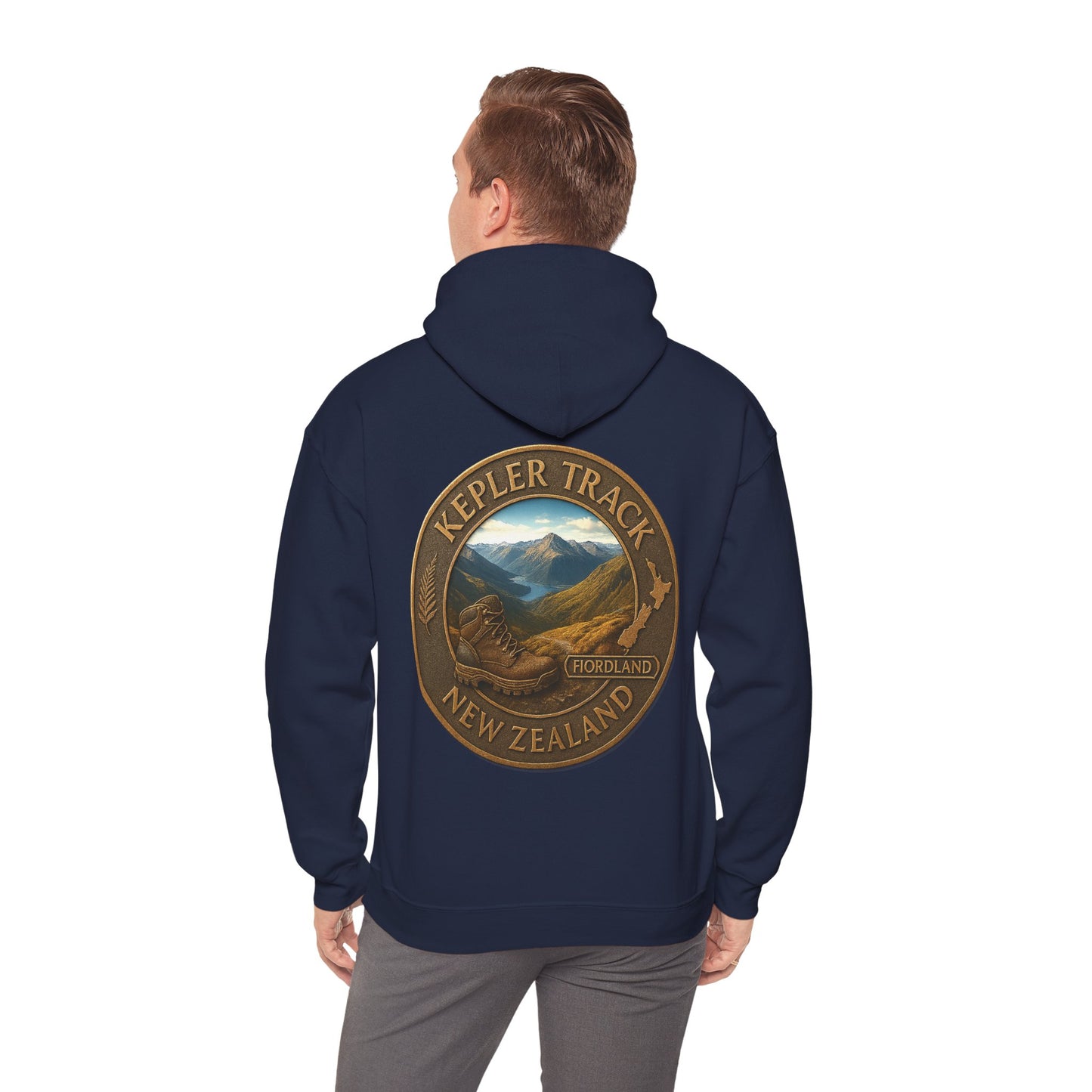 Navy blue hoodie with 'Kepler Track New Zealand' design on the back, worn by a person.