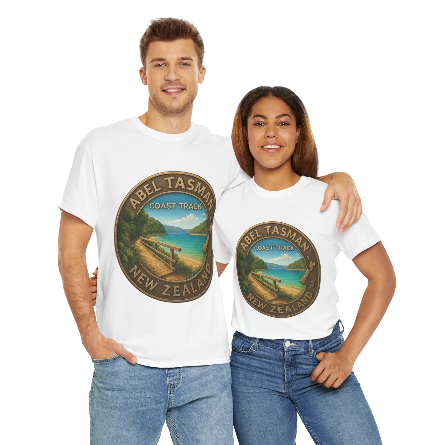 Two people wearing white t-shirts with Abel Tasman New Zealand design on a white background