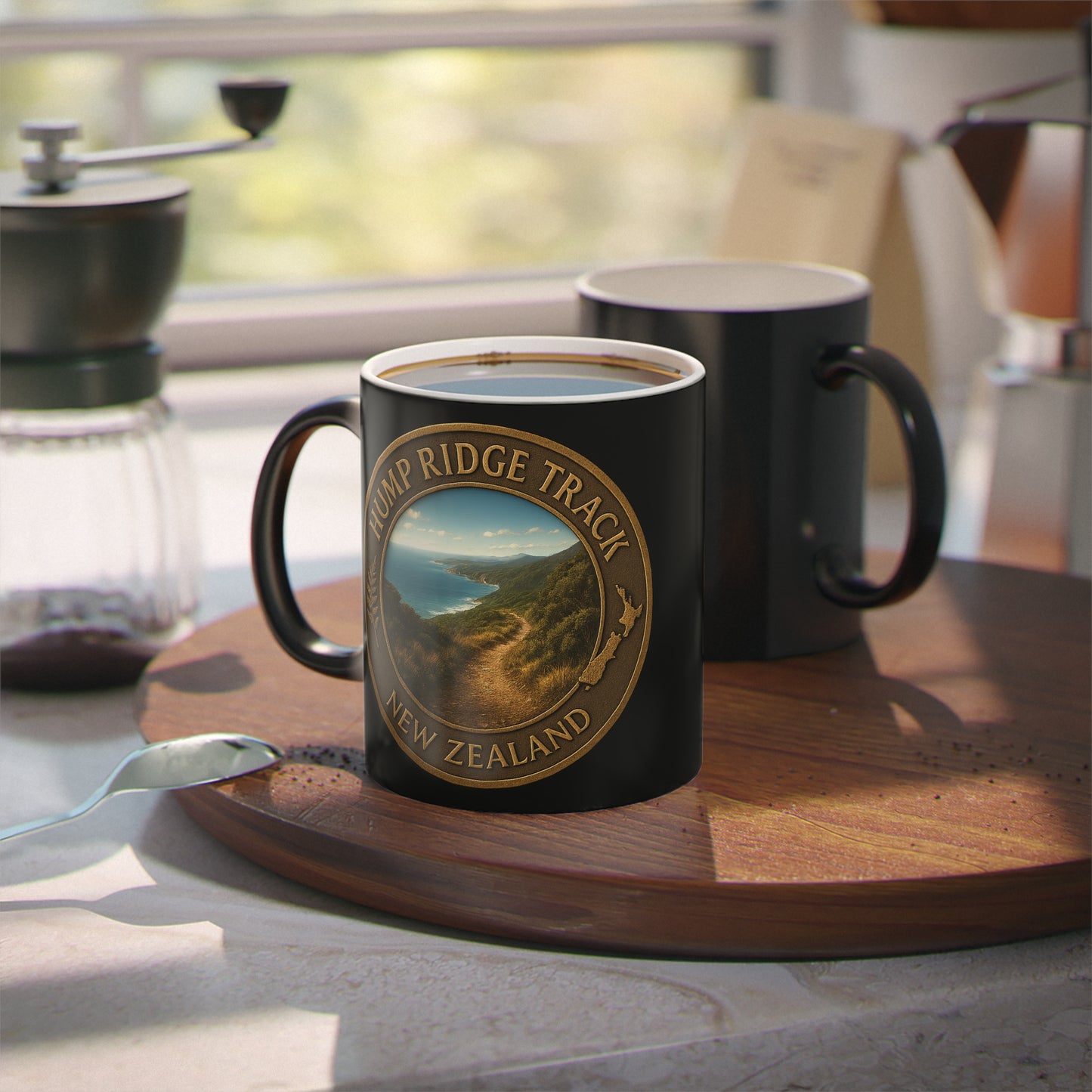 Black Coffee mug with 'Hump Ridge Track, New Zealand' design on a wooden tray with coffee and a grinder.