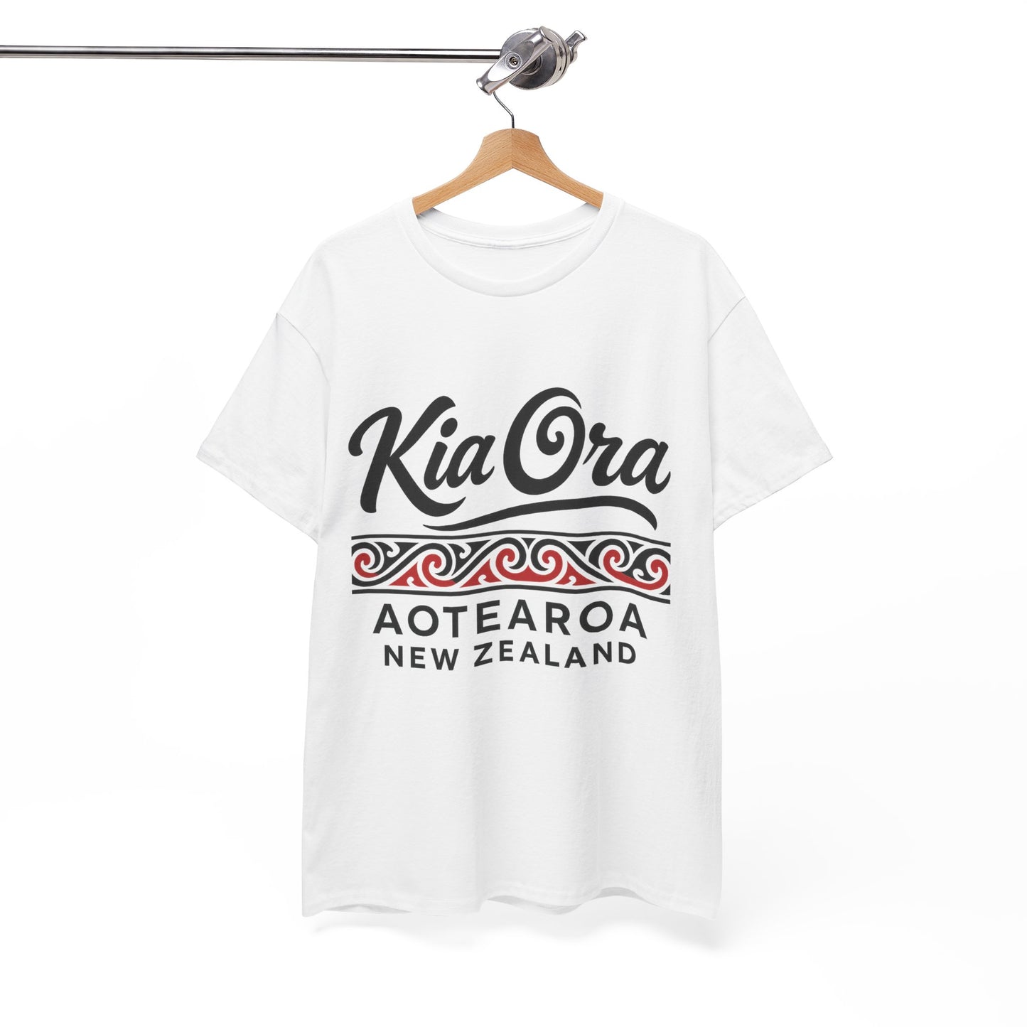 White t-shirt with 'Kia Ora Aotearoa New Zealand' text on a hanger against a white background