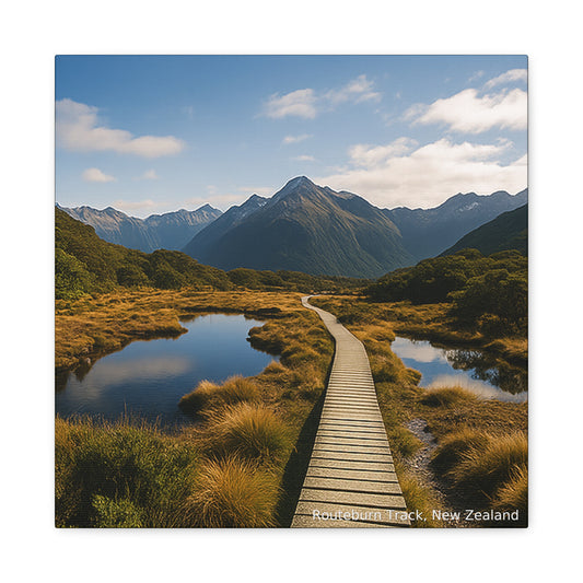 Wooden boardwalk leading through a marshy Routeburn Track area with mountains in the background, New Zealand.