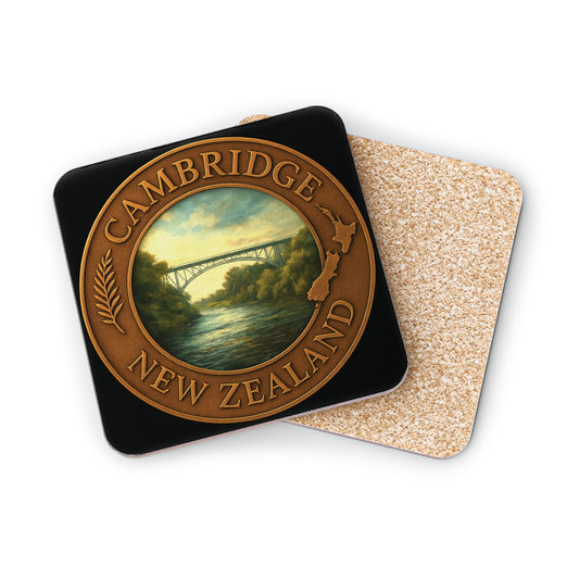 Coaster set with 'Cambridge, New Zealand' design on a white background