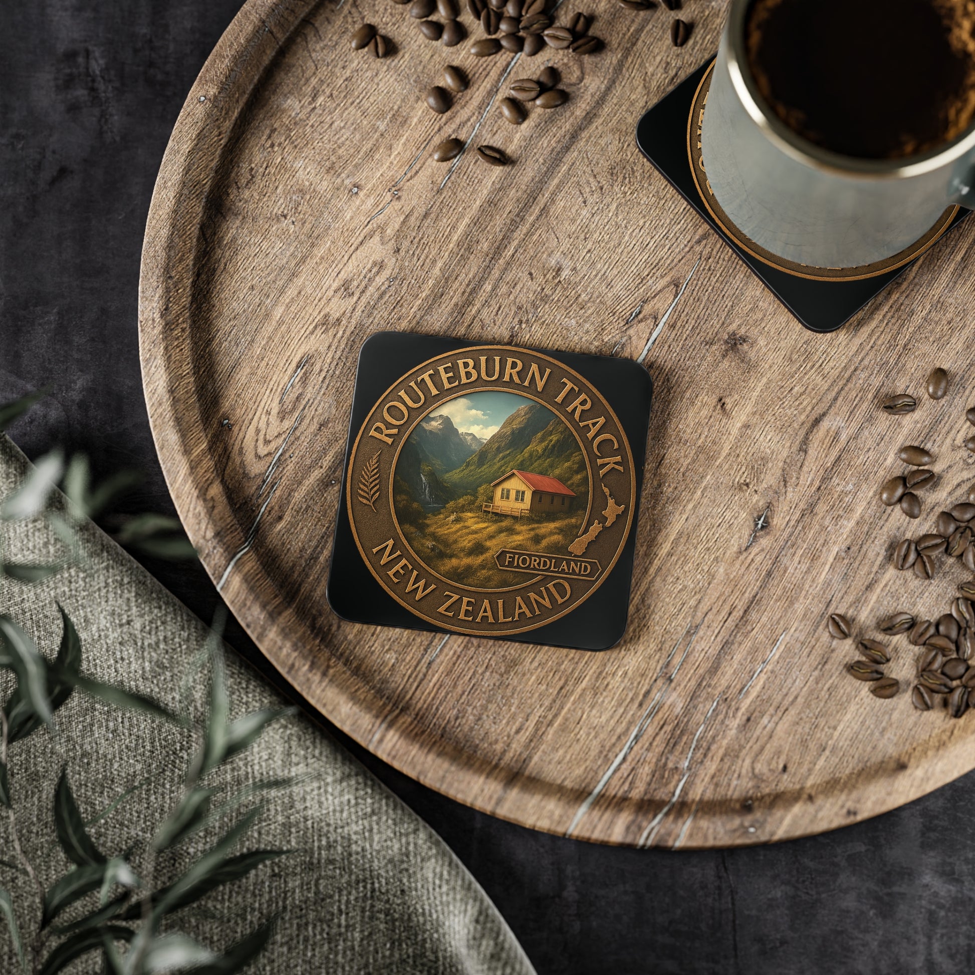 Coaster with a scenic design on a wooden tray with coffee and coffee beans.