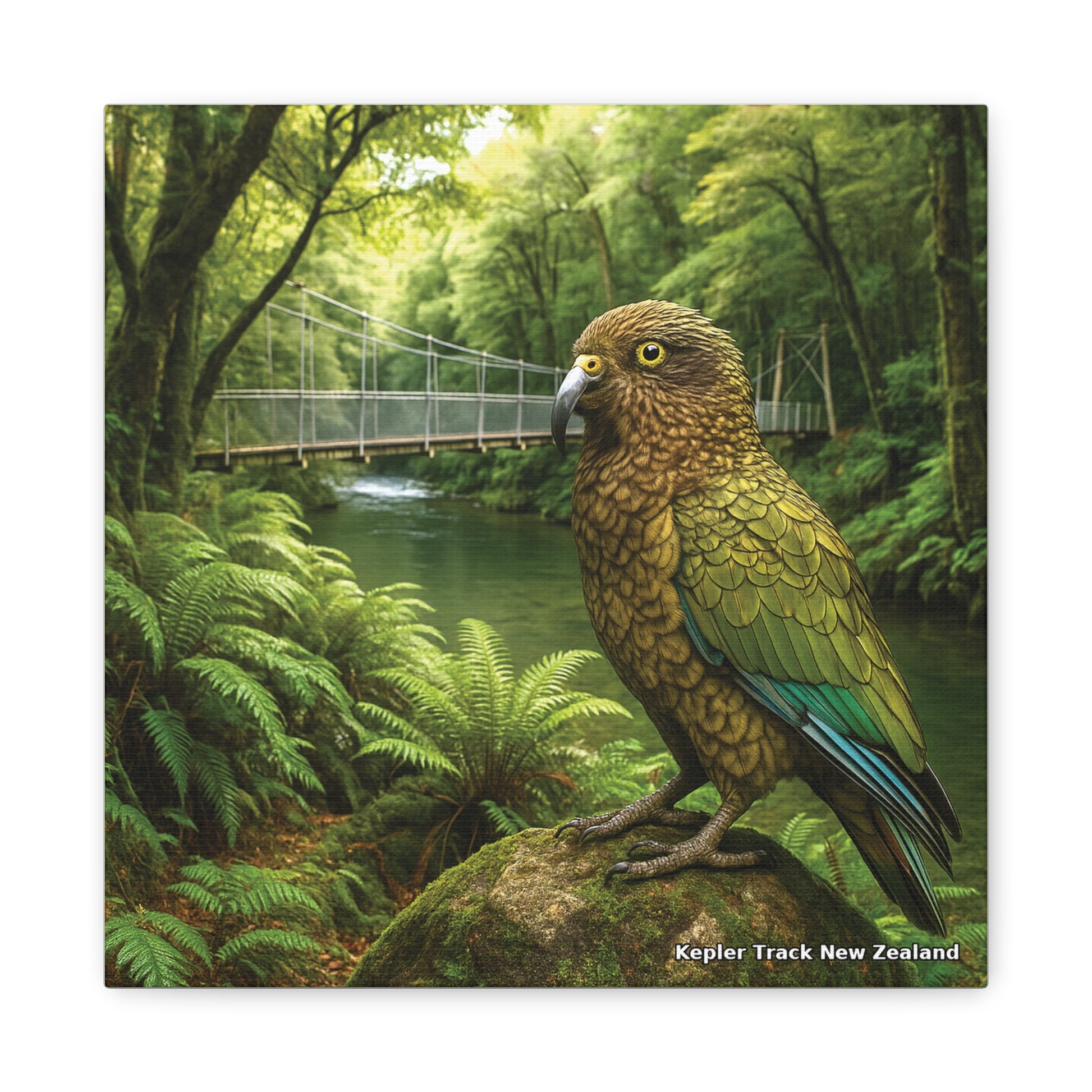 Kepler Track Kea parrot in a lush green forest with a suspension bridge in the background