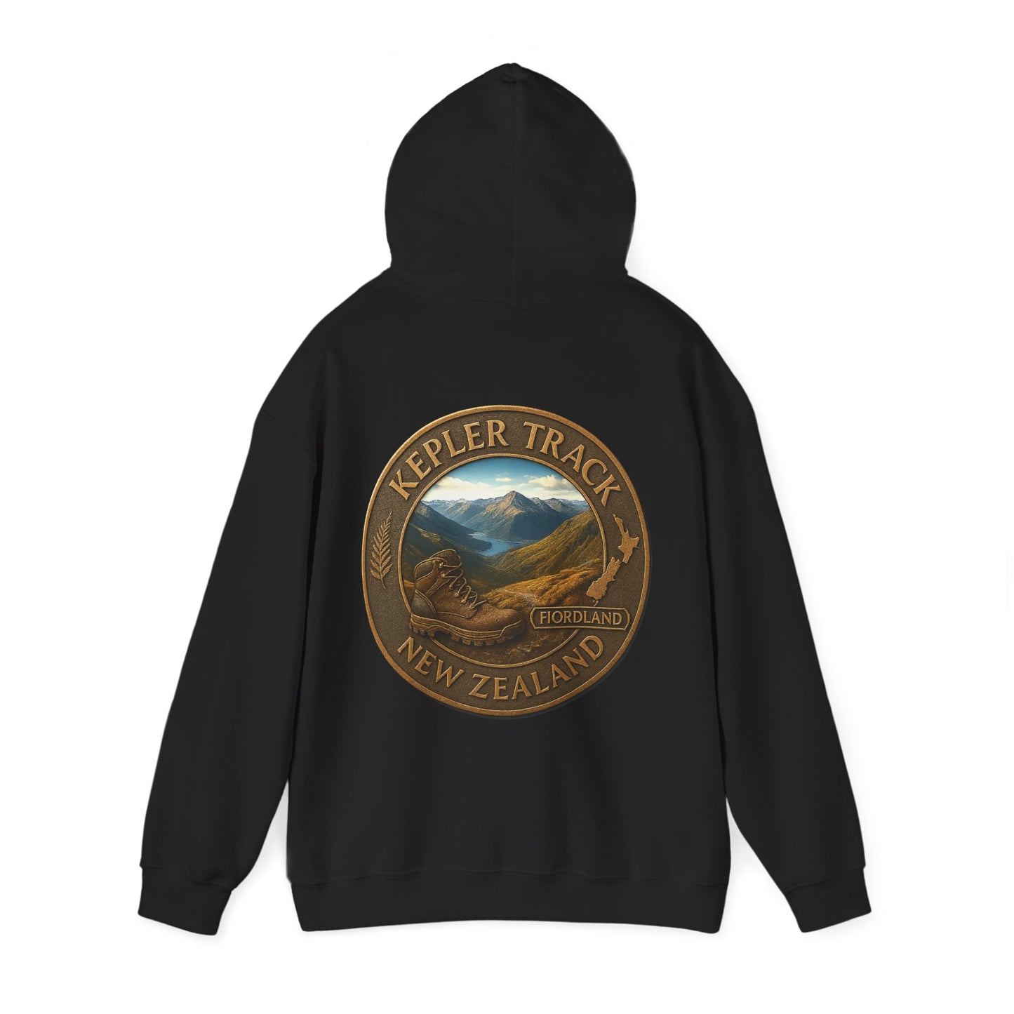 Black hoodie with 'Kepler Track New Zealand' design on the back against a white background