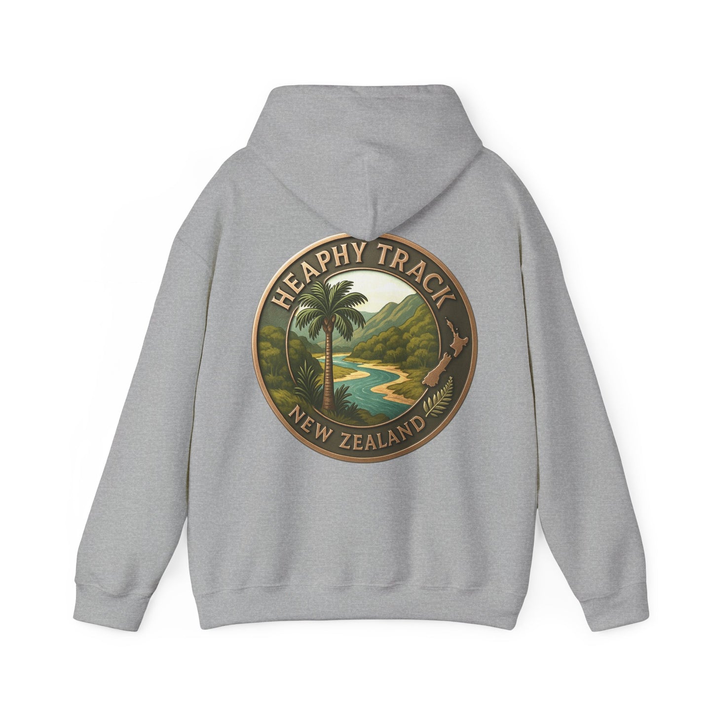 Gray hoodie with a 'Heaphy Track New Zealand' logo on the back against a white background
