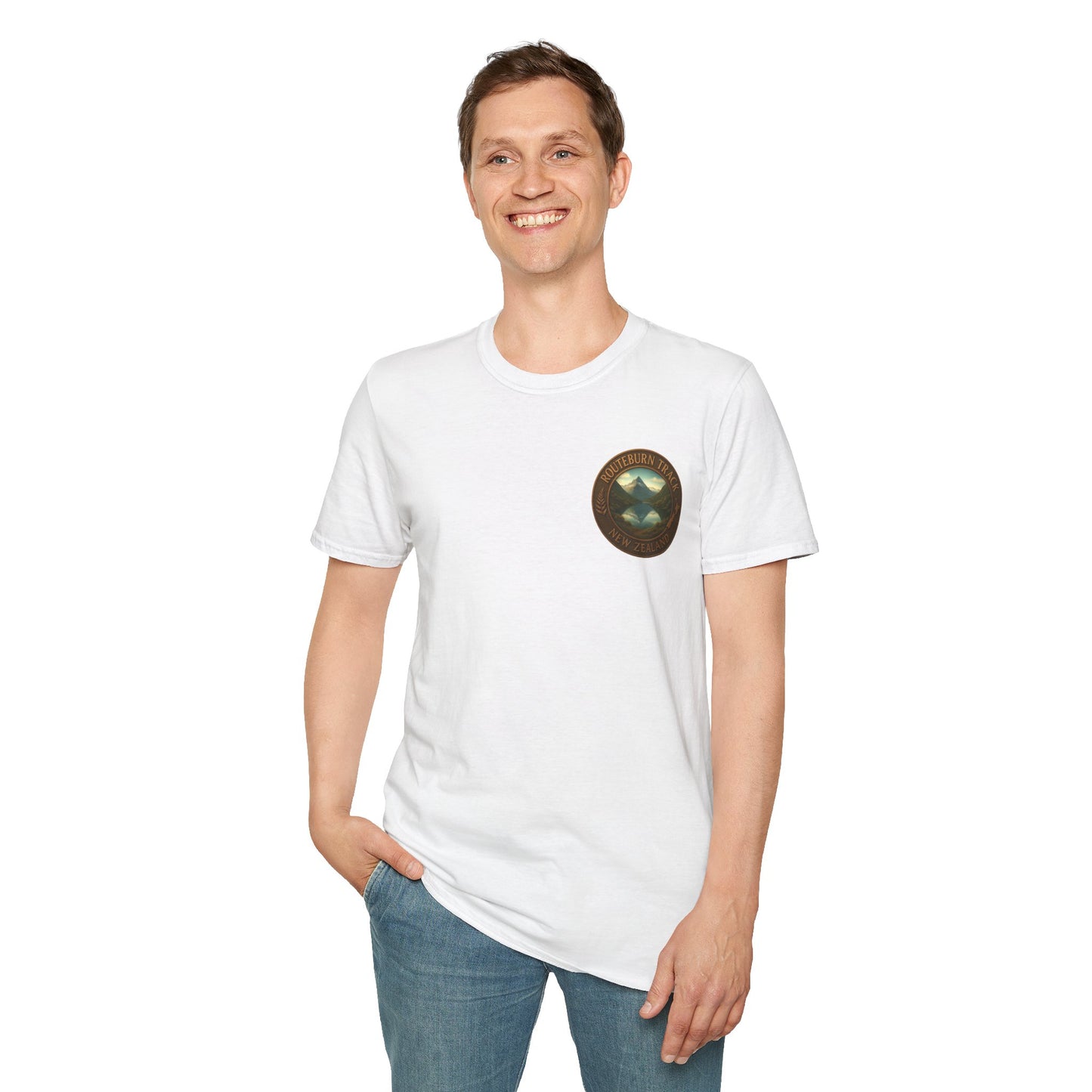 Person wearing a white Routeburn Track t-shirt with a graphic design on a white background