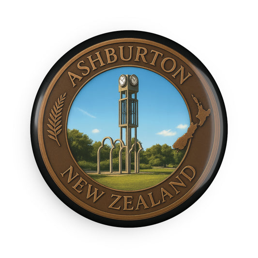 Round emblem featuring Ashburton, New Zealand with a clock tower and kiwi bird illustration.