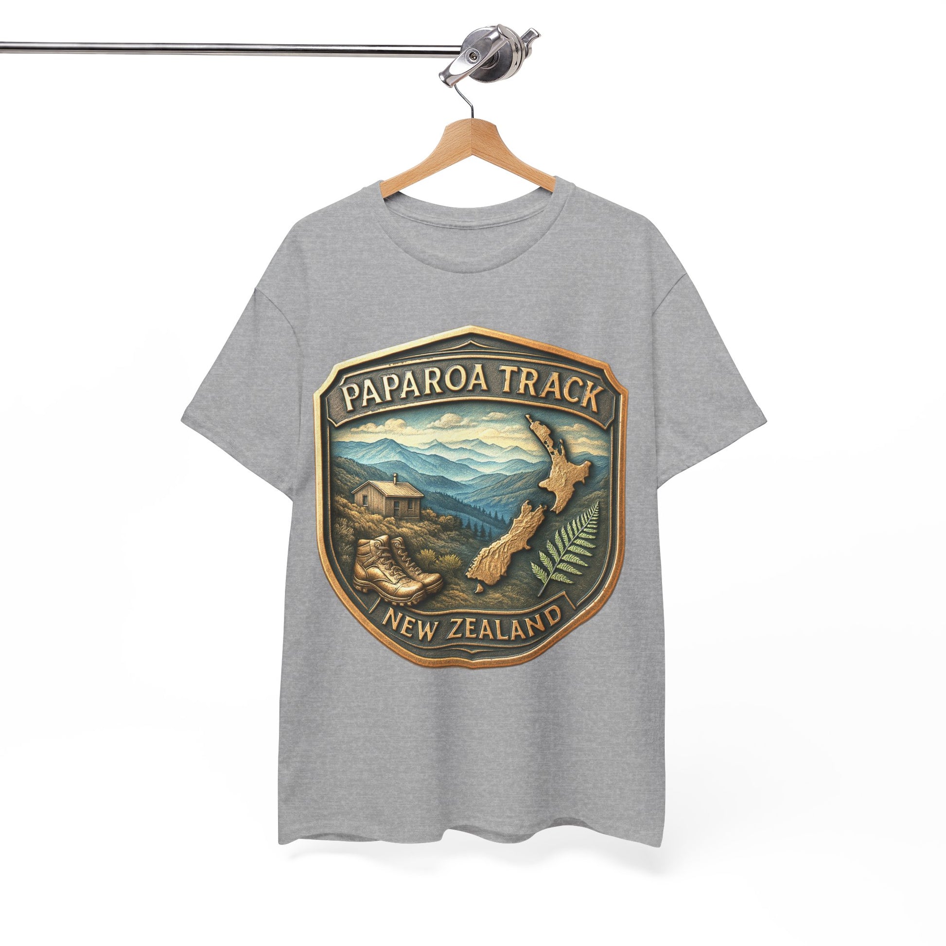 Gray t-shirt with Paparoa Track New Zealand design on a hanger