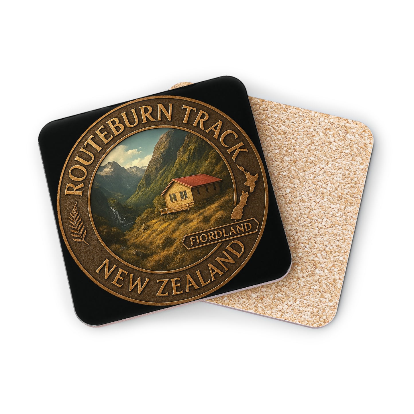 Coaster with Routeburn Track design on a white background