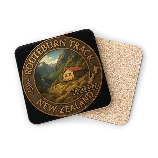 Coaster with Routeburn Track design on a white background
