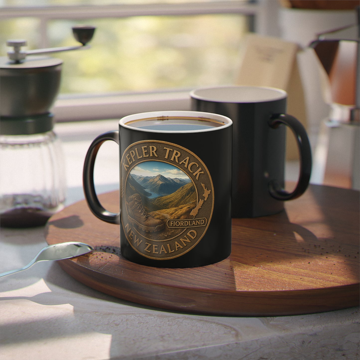 Black mug with 'Kepler Track, New Zealand' design on a wooden tray with coffee and a grinder.