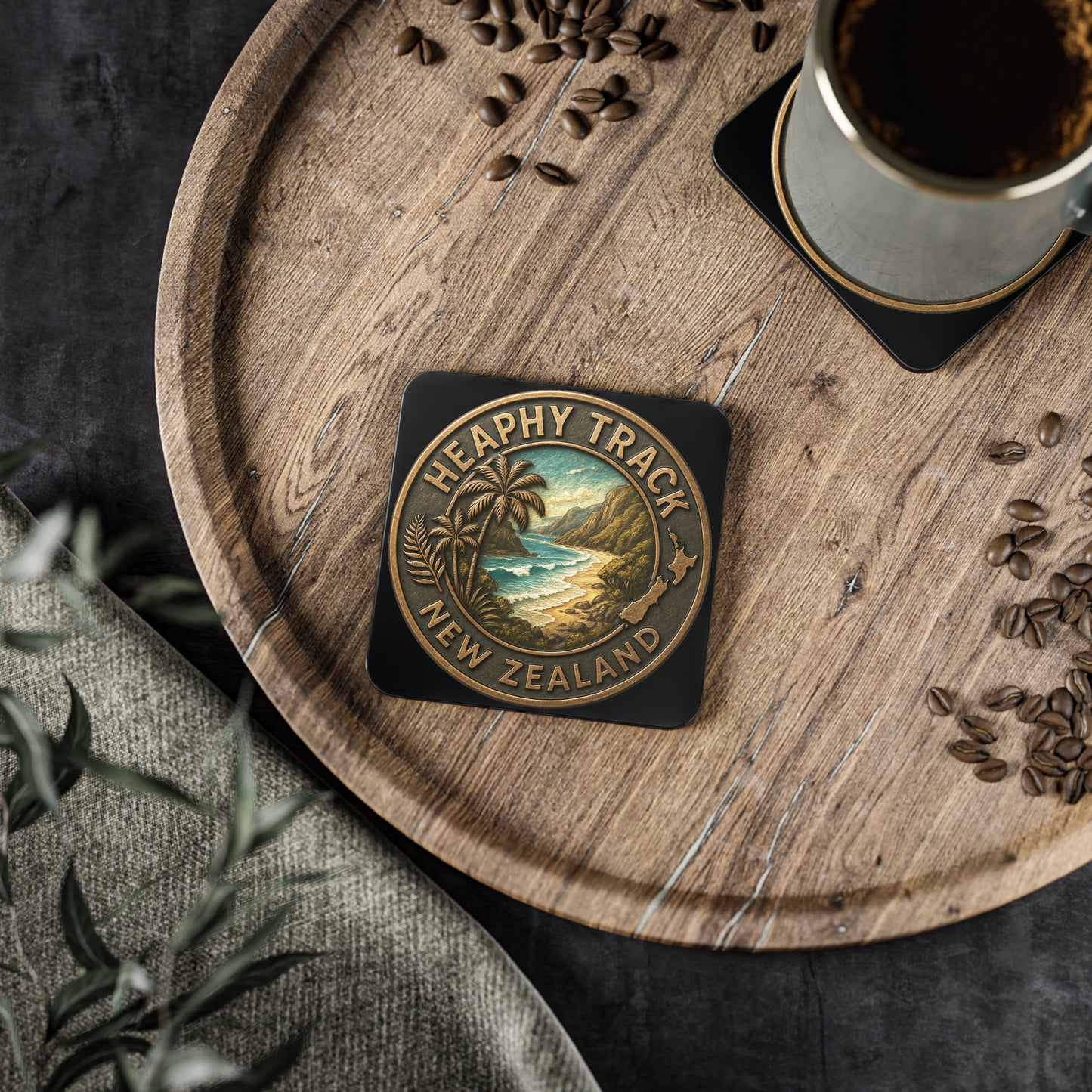 Coaster with 'Heaphy Track New Zealand' design on a wooden tray with coffee and coffee beans.