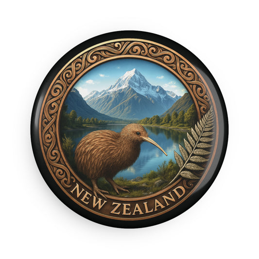 Round badge with a kiwi bird, mountain, and lake design, featuring 'New Zealand' text.
