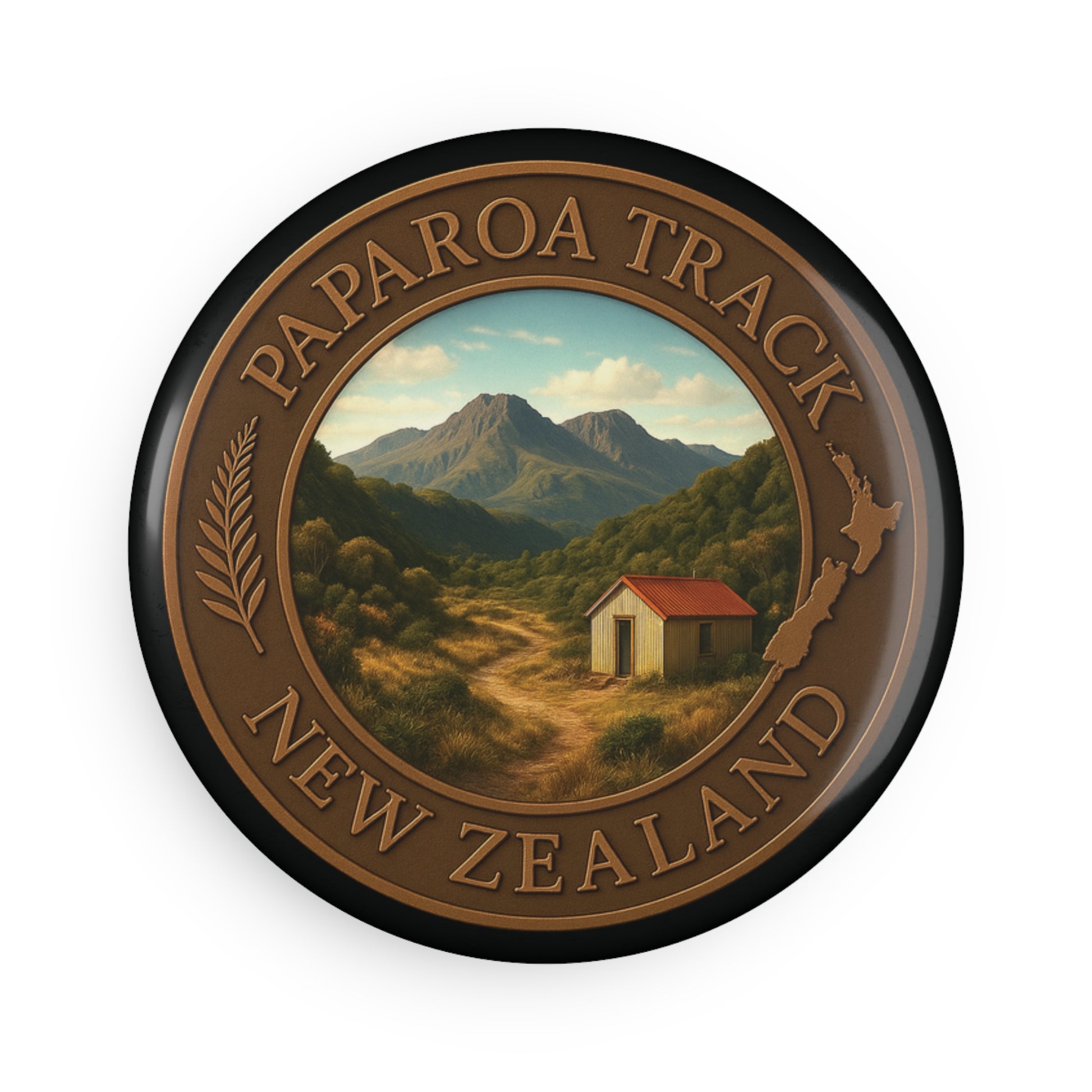 Round Fridge Magnet with Paparoa Track New Zealand design featuring a mountain and hut.