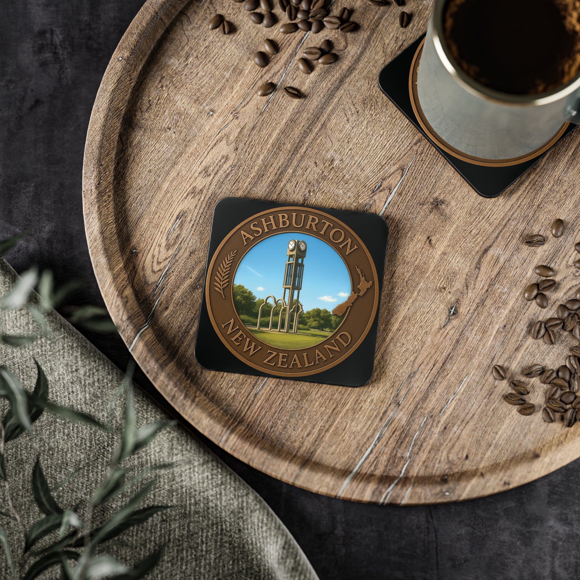 Coaster with Ashburton, New Zealand design on a wooden tray with coffee and coffee beans.