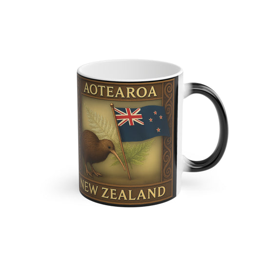 Mug with New Zealand design featuring a kiwi bird and flag on a white background