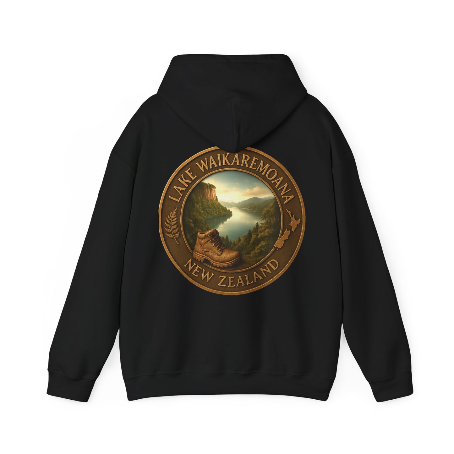 Black Lake Waikaremoana Track hoodie with a scenic design of Lake Waikaremoana New Zealand on the back.
