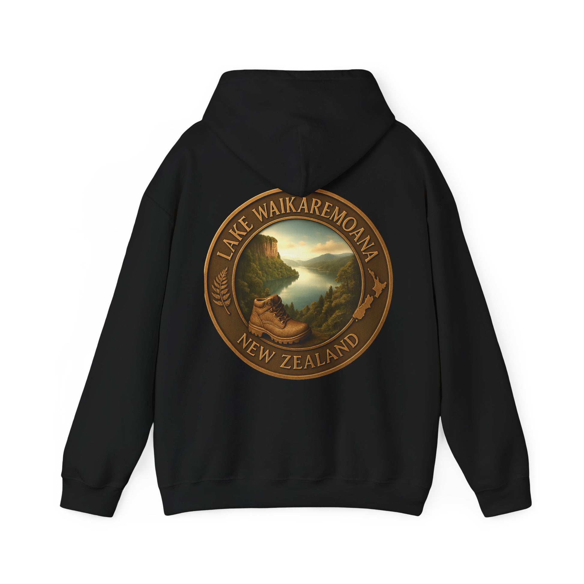 Black Lake Waikaremoana Track hoodie with a scenic design of Lake Waikaremoana New Zealand on the back.