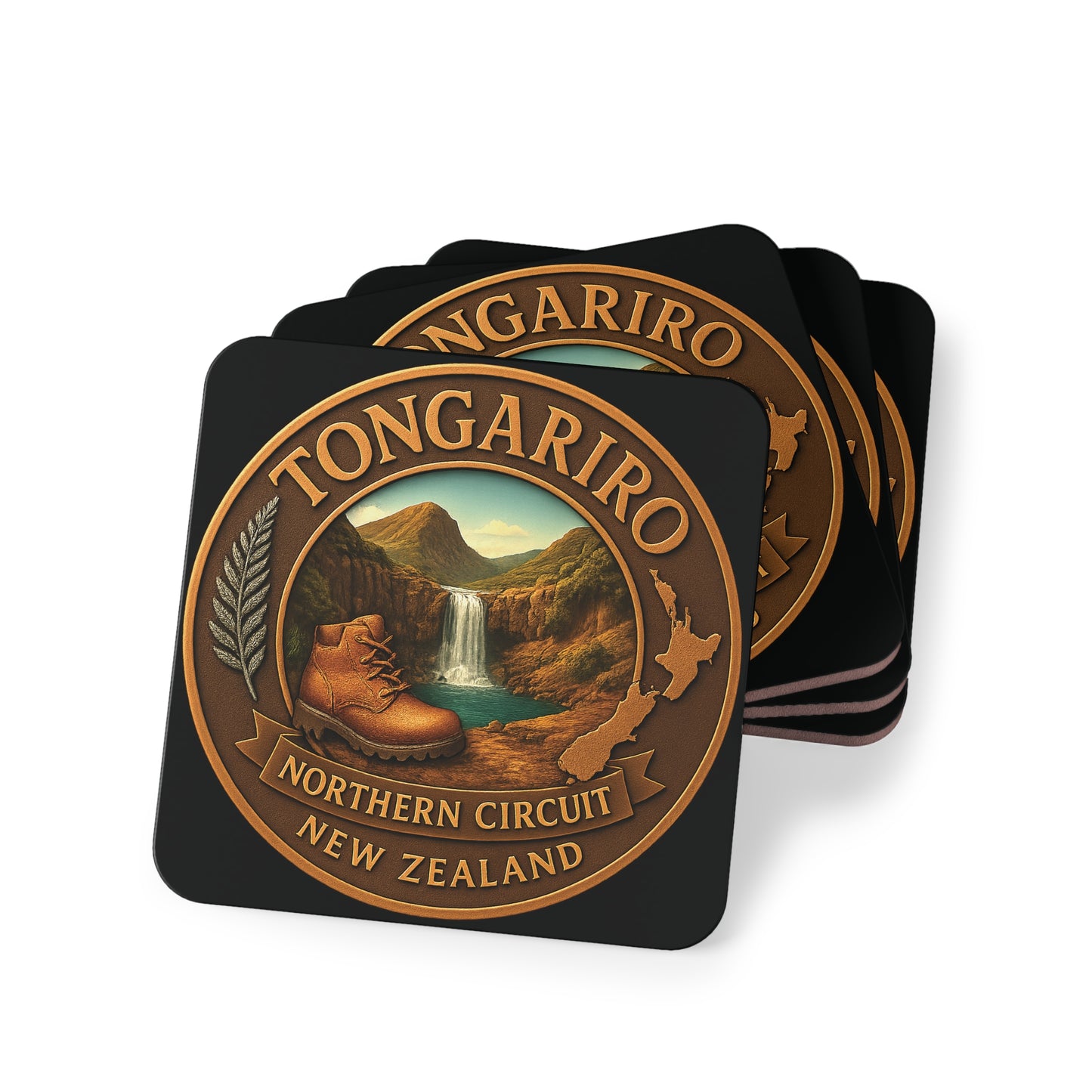 Set of four Tongariro New Zealand coasters with scenic design and text.