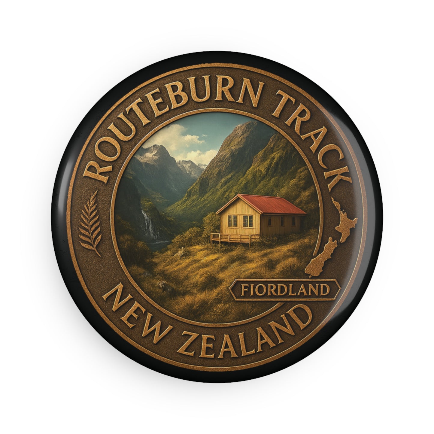 Round Fridge Magnet badge with Routeburn Track New Zealand design featuring a cabin and mountains.