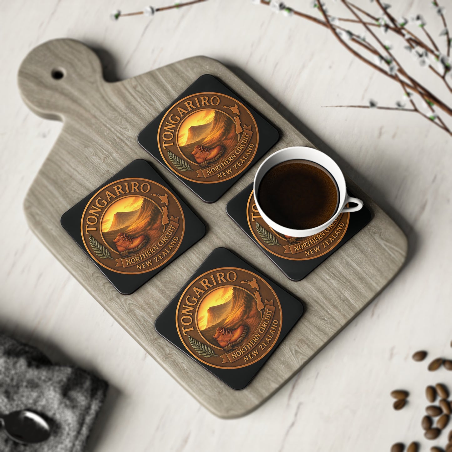 Set of four Tongariro New Zealand coasters with a cup of coffee on a wooden board.
