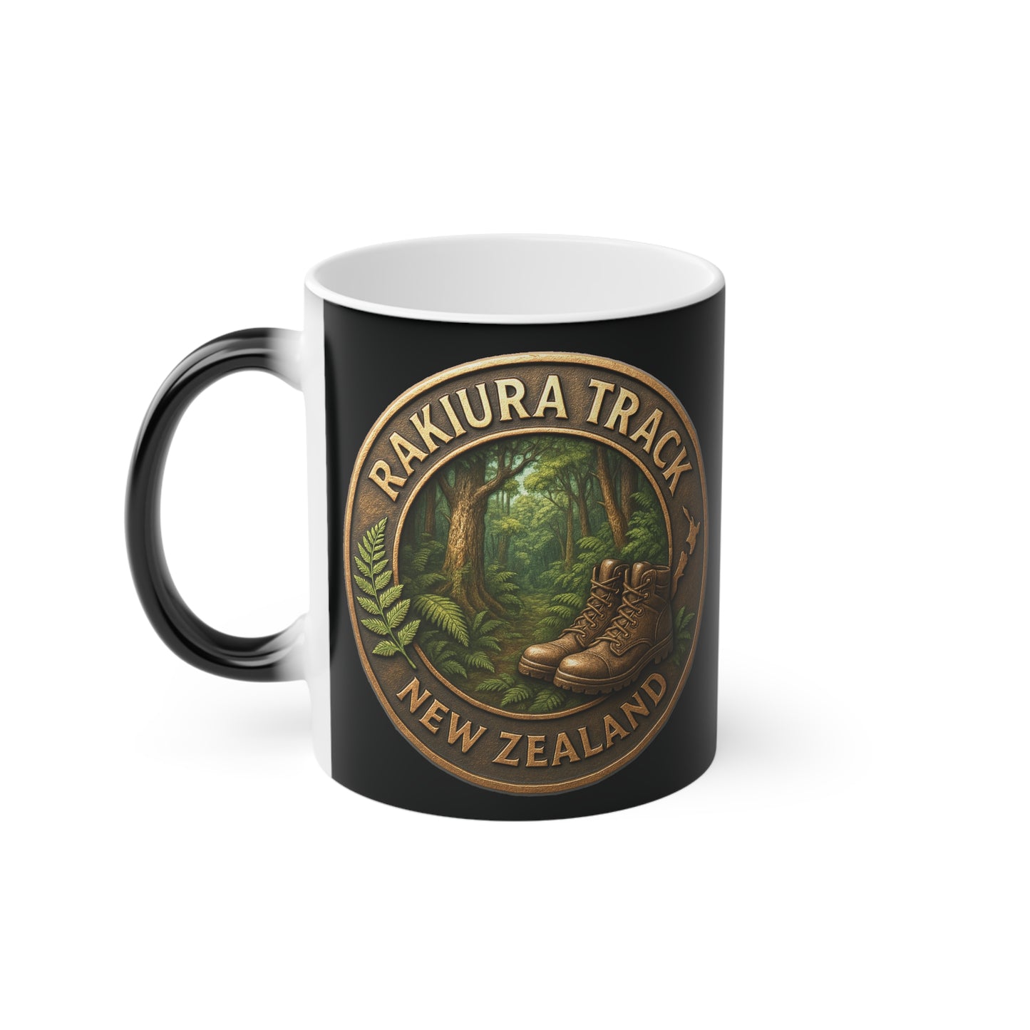 Black Coffee cup mug with Rakiura Track New Zealand design featuring boots and forest.