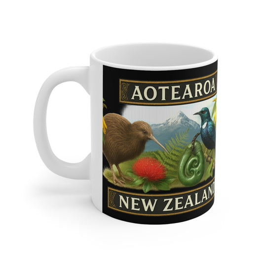 Aotearoa New Zealand Kiwi & Tui Emblem Coffee Mug — NZ Souvenir v2
