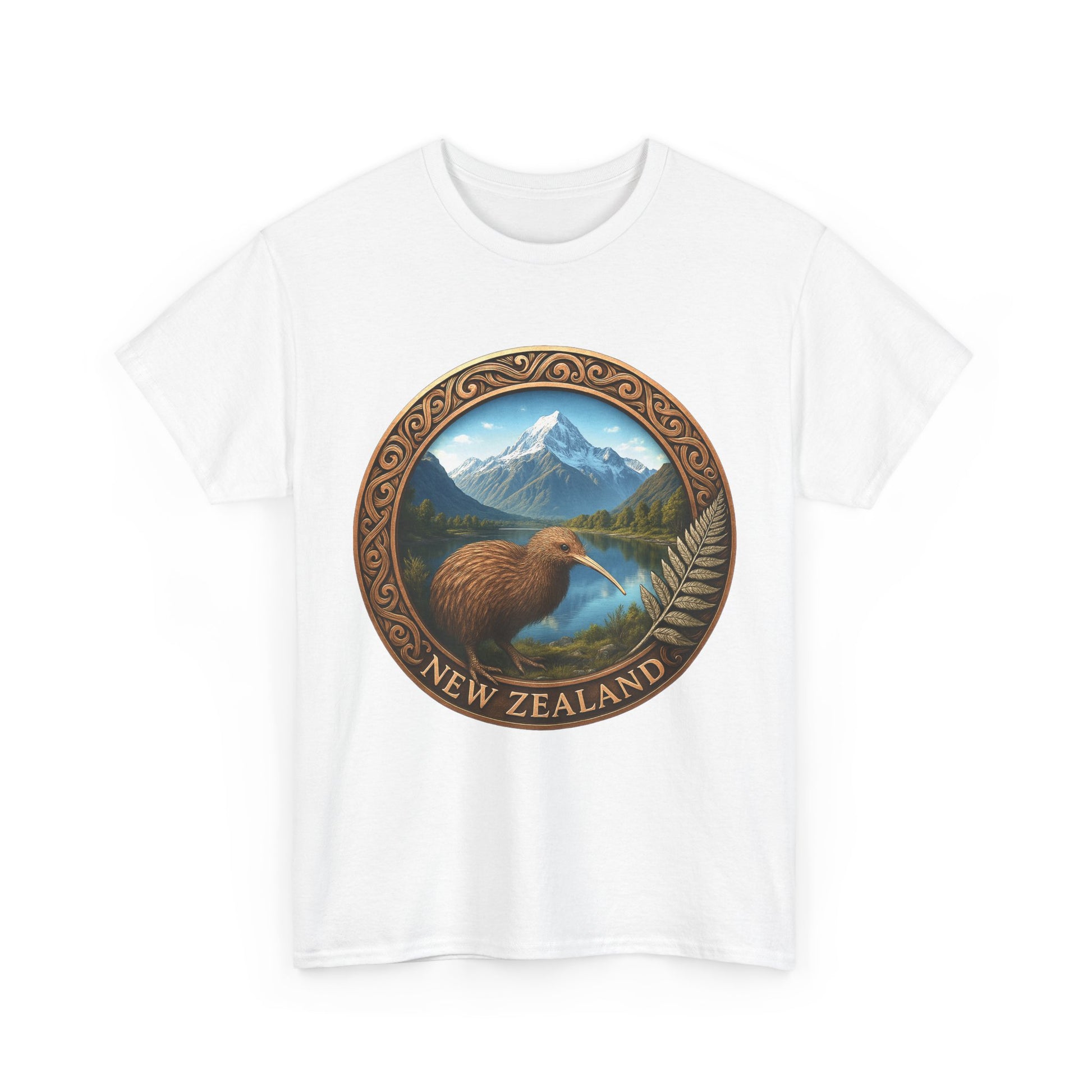 White t-shirt with New Zealand scenic design featuring a kiwi bird and mountains.