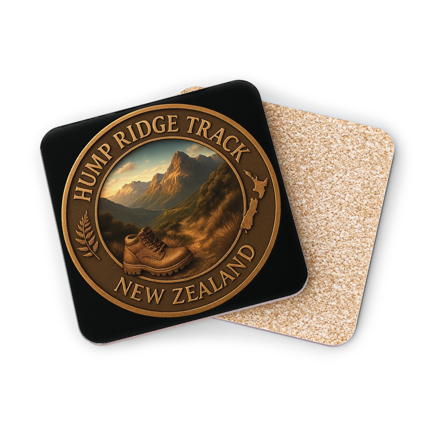 Coaster set with 'Hump Ridge Track, New Zealand' design on a white background