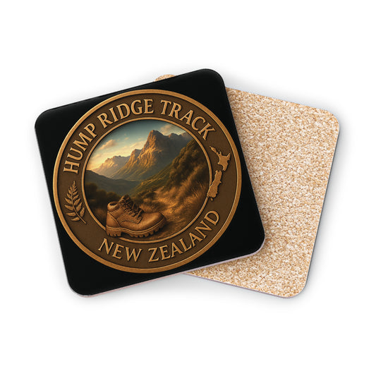 Coaster set with 'Hump Ridge Track, New Zealand' design on a white background