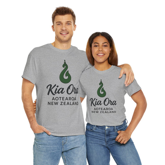 Two people wearing gray t-shirts with 'Kia Ora Aotearoa New Zealand' design on a white background