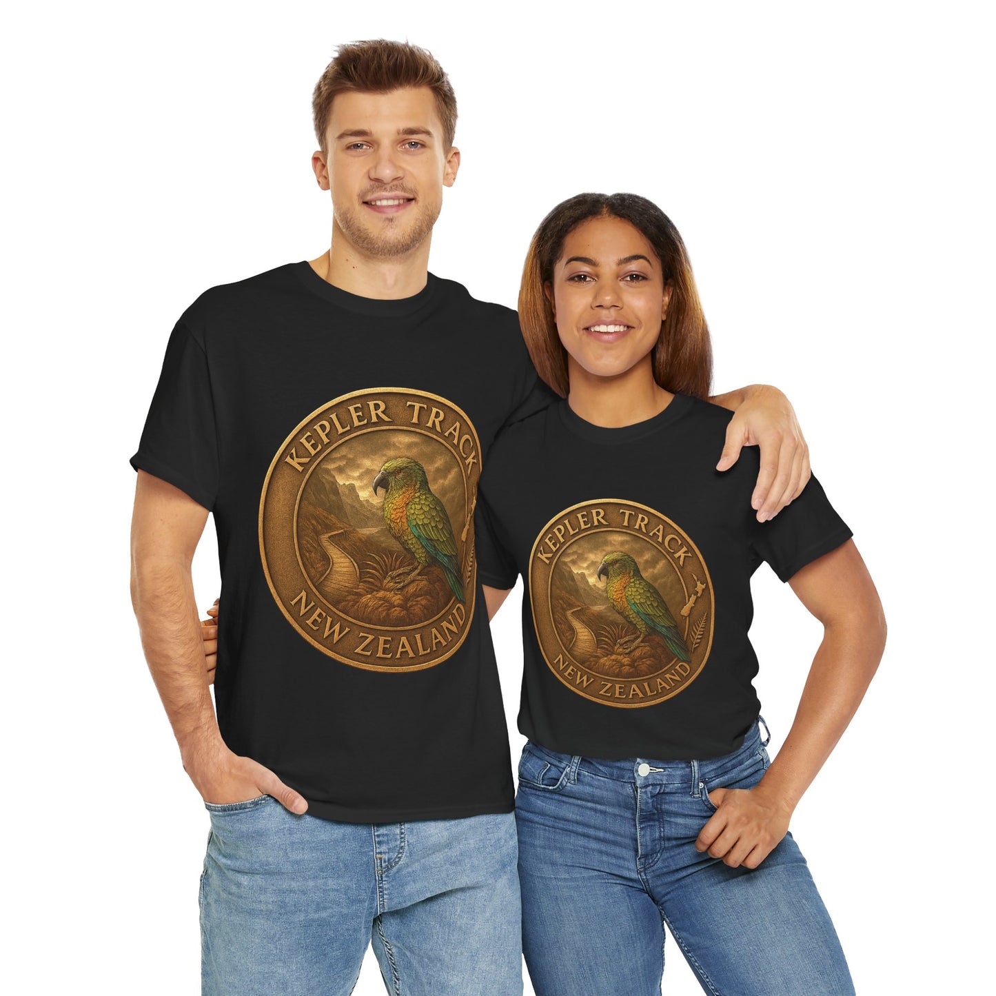 Two people wearing black t-shirts with a 'Kepler Track New Zealand' design.