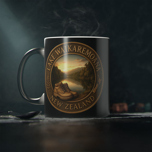 Coffee Mug with Lake Waikaremoana New Zealand design on a dark background