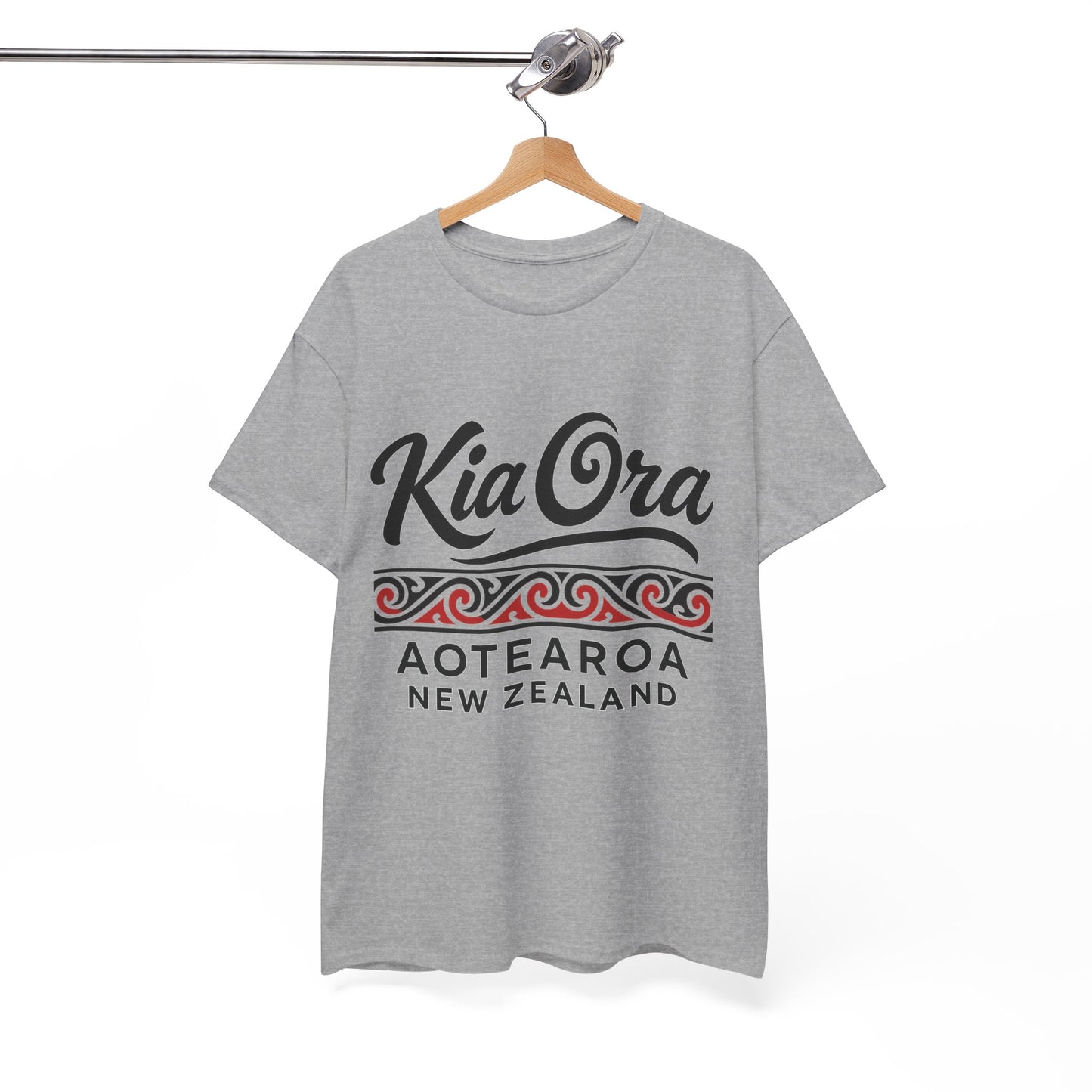 Gray t-shirt with 'Kia Ora Aotearoa New Zealand' text on a hanger against a white background