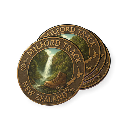 Two bronze-colored coasters with 'Milford Track, New Zealand' design on a white background