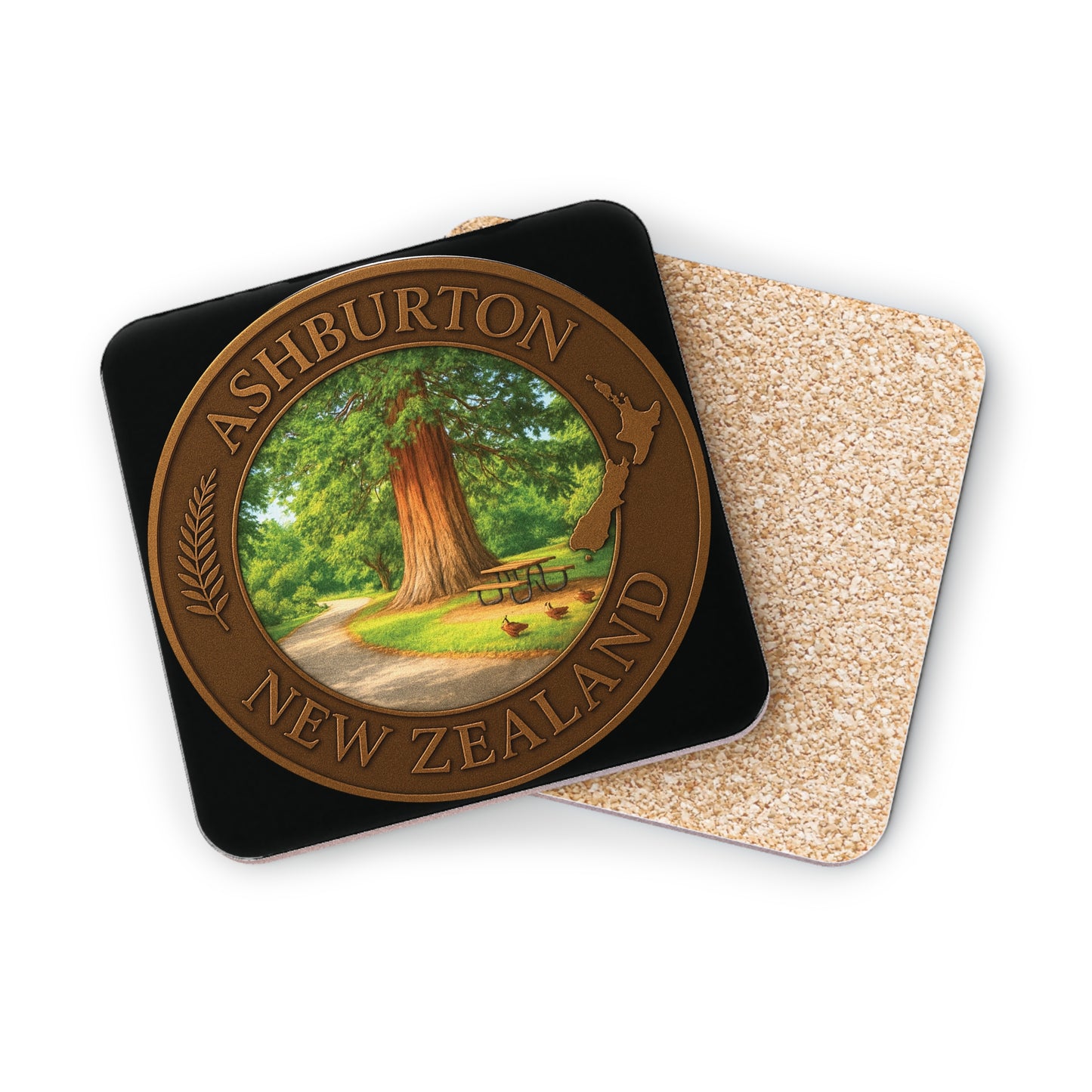 Coaster set with a scenic design of Ashburton, New Zealand, featuring a tree and a person.