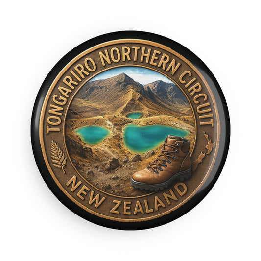 Fridge Magnet with Tongariro Northern Circuit New Zealand design featuring mountains and a boot.