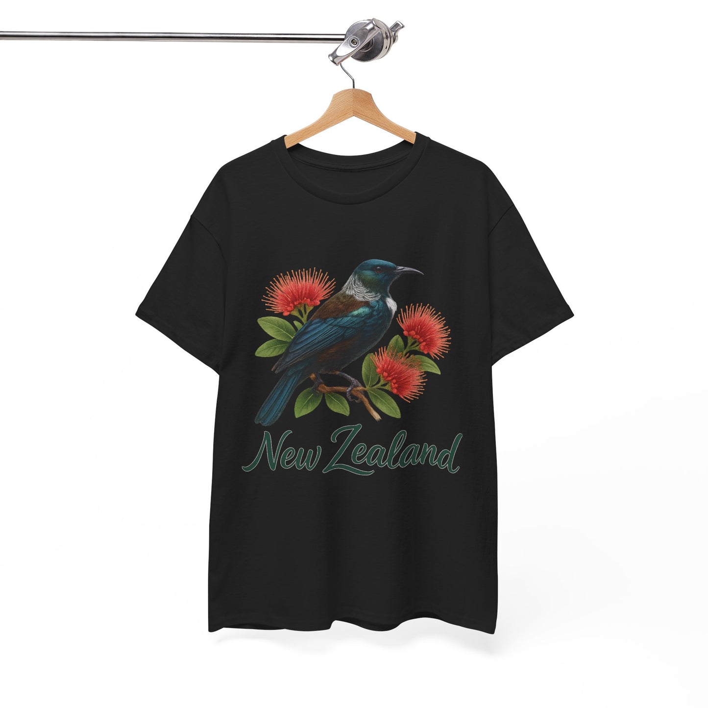 Black t-shirt with a bird and flower design on a hanger against a white background