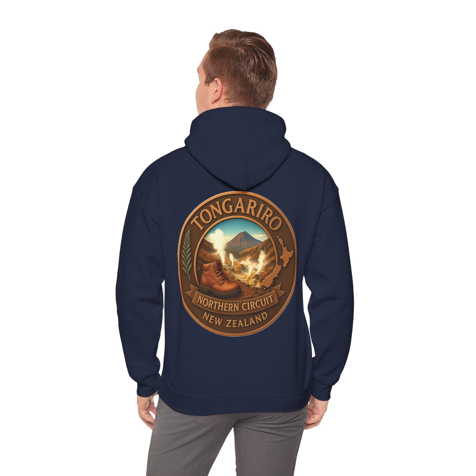 Navy blue hoodie with Tongariro Northern Circuit New Zealand design on the back, worn by a person.