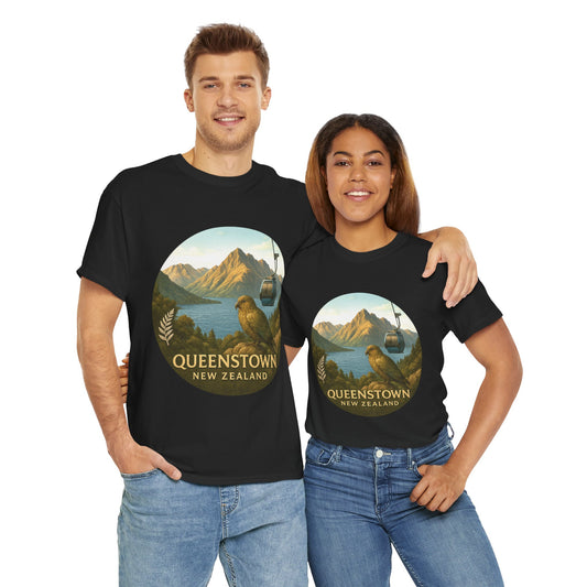 Two people wearing black t-shirts with a scenic design of Queenstown, New Zealand.