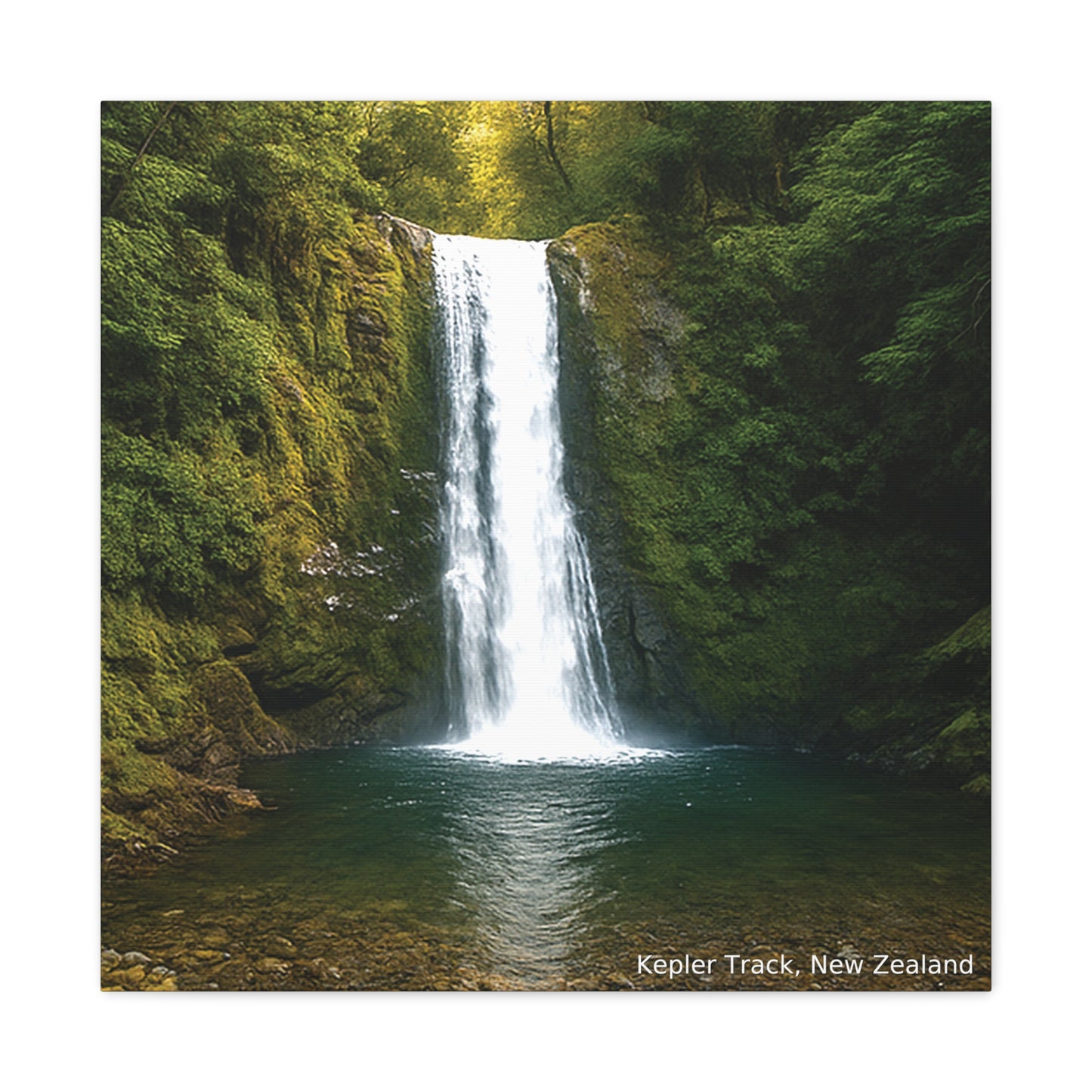 Waterfall in a lush green forest with 'Kepler Track, New Zealand' text.