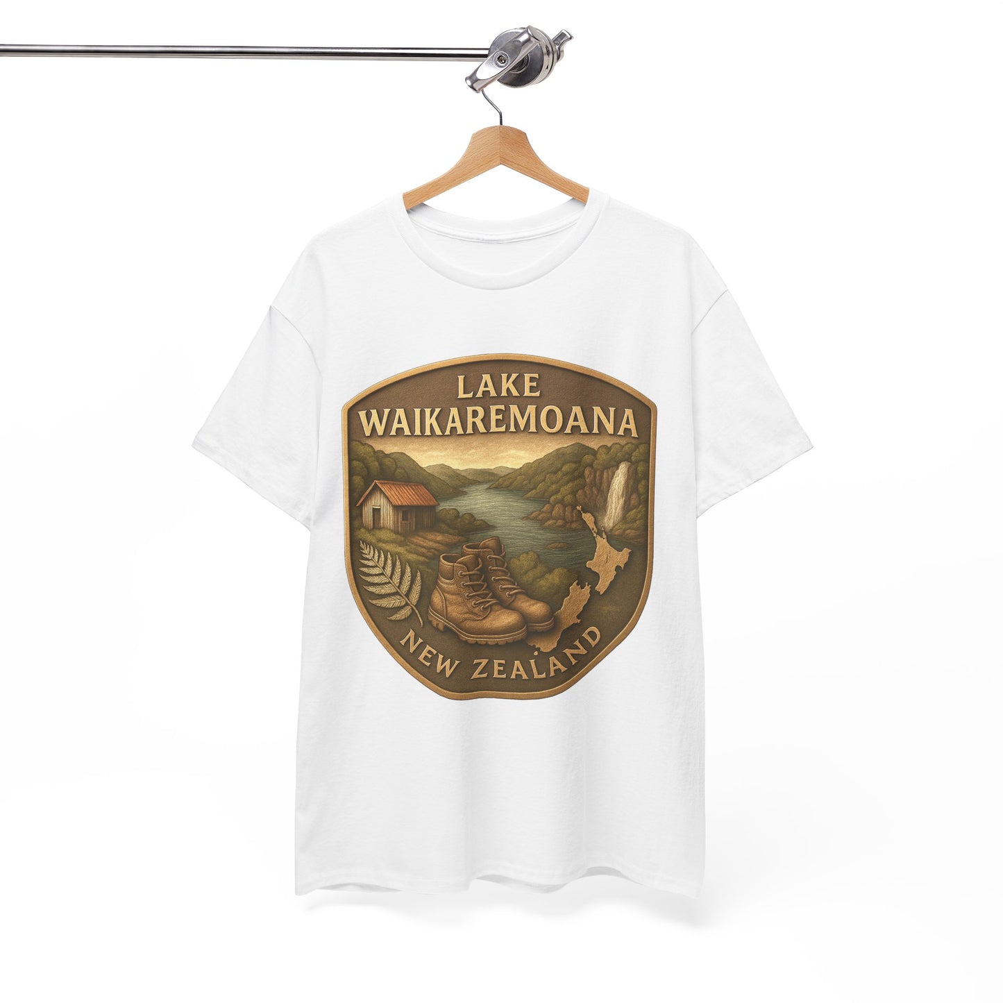 White t-shirt with a graphic design of Lake Waikaremoana, New Zealand, on a hanger against a white background.